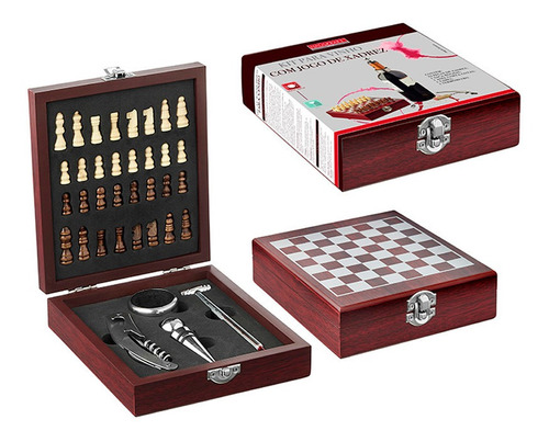 Kit Para Vinho Com Jogo De Xadrez Madeira Promo